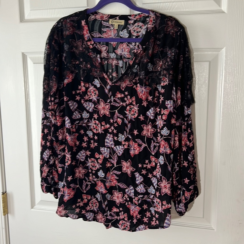 Democracy Floral Flowy‎ Boho Vneck Long Sleeve Blouse Lace Detail Black, Sz 1X